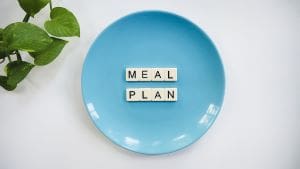 Weight loss nutritional plan Meal Plan spelled out on a blue plate