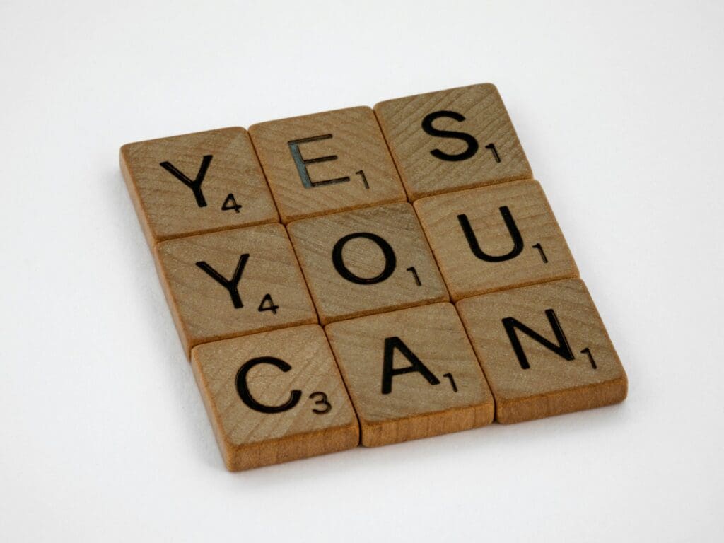 Picture of a sign "Yes you can" Building Self Confidence, challenging negative thoughts, understanding yourself, celebrate small achievements