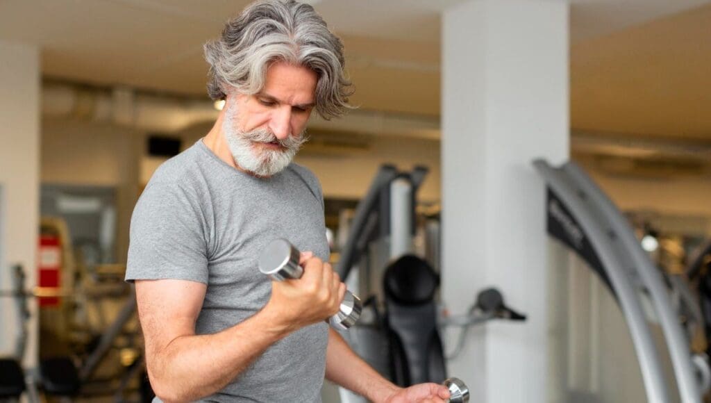 Picture of an older man doing bicep curls. exercise for older adults, Regular exercise